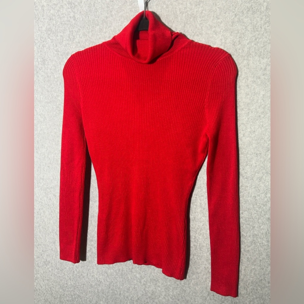 Medium Women's Red Long Sleeve Turtleneck Blouse, Stretchy and Festive